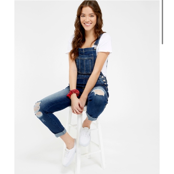 NWT KanCan Distressed Denim Overalls Size XL Dark Wash Jeans Open Back - Picture 10 of 10